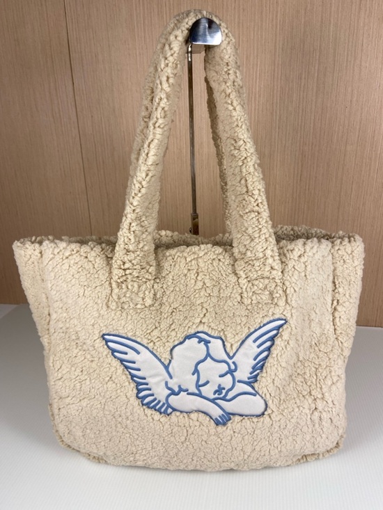 Handbags - Sherpa Teddy Tote Bag Angel Graphic Cream Y2K Aesthetic Shoulder Bag
